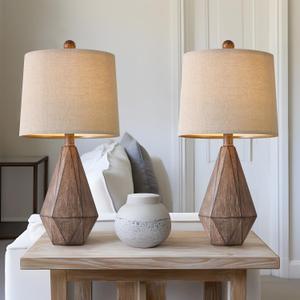 PoKat 20.25" Retro Farmhouse Table Lamp Set of 2 - Living Room & Bedroom Rustic Linen Bedside Nightstand Lamps for Kids, Study, Office - Resin, Suitable for Small Places (20.25 Small Szie, 3Dark Wood Resin)