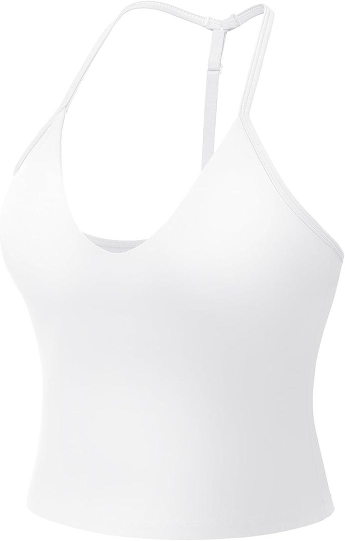 YEOREO Women's Impact Halter Tank Top Strappy Padded Halter Open Back Deep V Neck Built-in Bra Workout Gym Crop Tops, White, XS