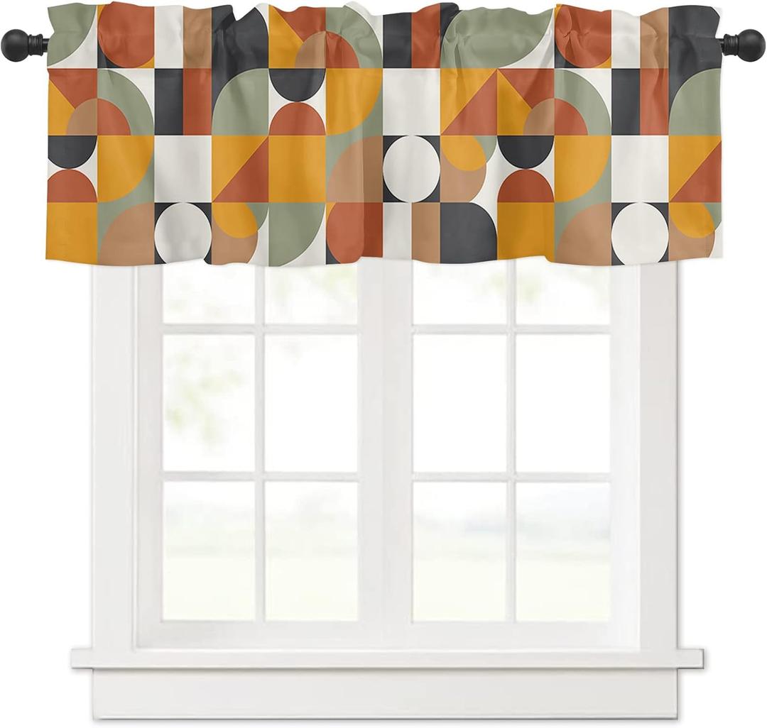 Valance for Windows Mid Century Orange Brown Sage Green Abstract Retro Geometric Modern Window Treatment Valances Rod Pocket Curtain Valance for Kitchen, Bathroom, Living Room, Bedroom (42 x 12 inch)