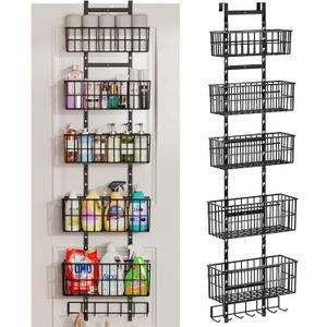 Adjustable Over The Door Organizer, Metal Hanging Door Organizer with 5 Wire Basket 7 Hooks, Wall Mounted Shelf for Pantry Laundry Organization and Storage, Black (6-Tier)