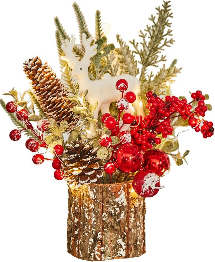 Xmas Decor Small Christmas Tree with Lights - Artificial Tabletop Lighted Mini Christmas Tree with Christmas Ornaments Gnomes Indoor for Office Desk Home Decorations (Stump-red)