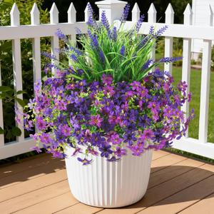 Artificial Flowers for Outdoors UV Resistant, 14 Bundles Fake Flowers Daisy with Lavender Faux Outdoor Plants Silk Flower for Outside Planters Patio Porch Window Garden Yard Spring Summer Decoration