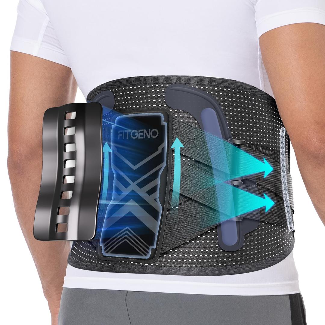 Fit Geno Back Brace for Lower Back Pain Relief: Adjustable Support with Ergonomic Lumbar Pad for Herniated Disc Sciatica and Lumbar Strain - Breathable Design for Men & Women (L/XL) (Black)
