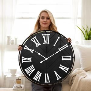 EMAX HOME 30 Inch Large Wooden Wall Clock – Extra Large FarmhouseWall Clock with 3D Roman Numerals & Herringbone Splicing, Black Modern Wood Wall Clock for Living Room