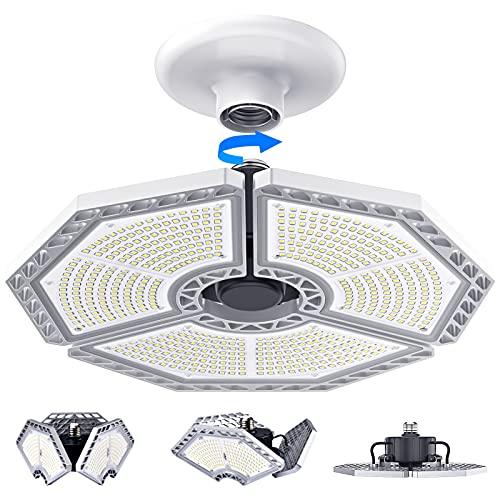 KERNOWO LED Garage Lights, 140W 18500 Lumens Garage Lighting, 6000K Daylight with Deformable Three Panel Ceiling Light Fixture E26/E27 Triple Glow LED Shop Light for Basement Workshop Warehouse
