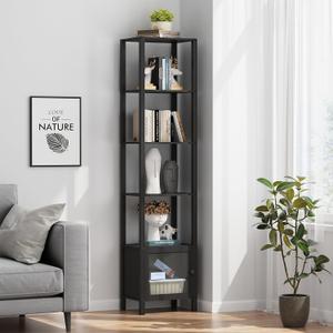 TUTOTAK 6 Tier Bookcase and Bookshelf, Narrow Book Shelf with Door for Small Space, for Living Room, Office, Study, Entryway, Black BS03BK006 (6 Tier(10.7 x 15 x 65.3 Inches))