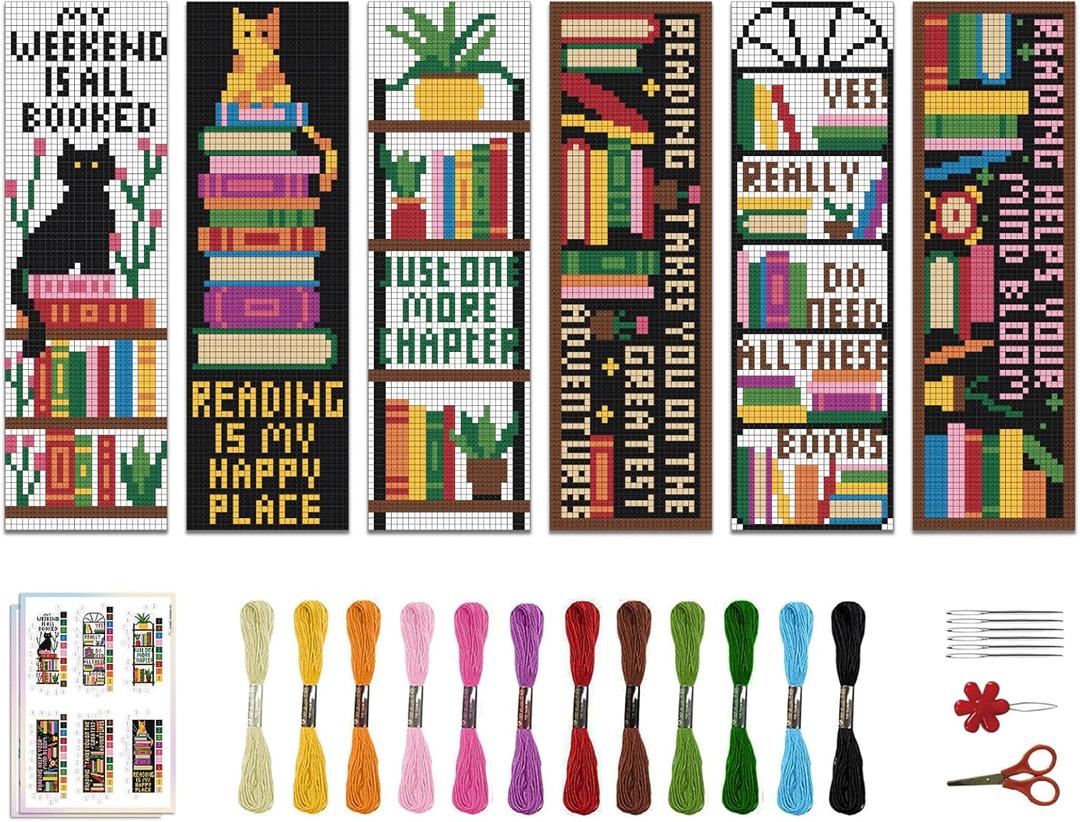 ACRNIGHEET 6PCS Cross Stitch Bookmark Kits Bookshelves Words Pattern Counted Cross Stitch Kits for Beginners Adults DIY Stamped Embroidery Bookmarks with Instructions Hand Embroidery Craft Gift