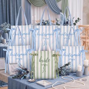 Paterr 8 Pack Blue Striped Canvas Tote Bags for Wedding Bridal Shower Gifts