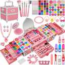 99 Pcs Kids Makeup Kit for Girls, Princess Toys Real Washable Cosmetics Set with Mirror,Rings, Necklace, Perfect for 3 4 5 6 7 8 Year Old Girls Birthday (Pink and White)