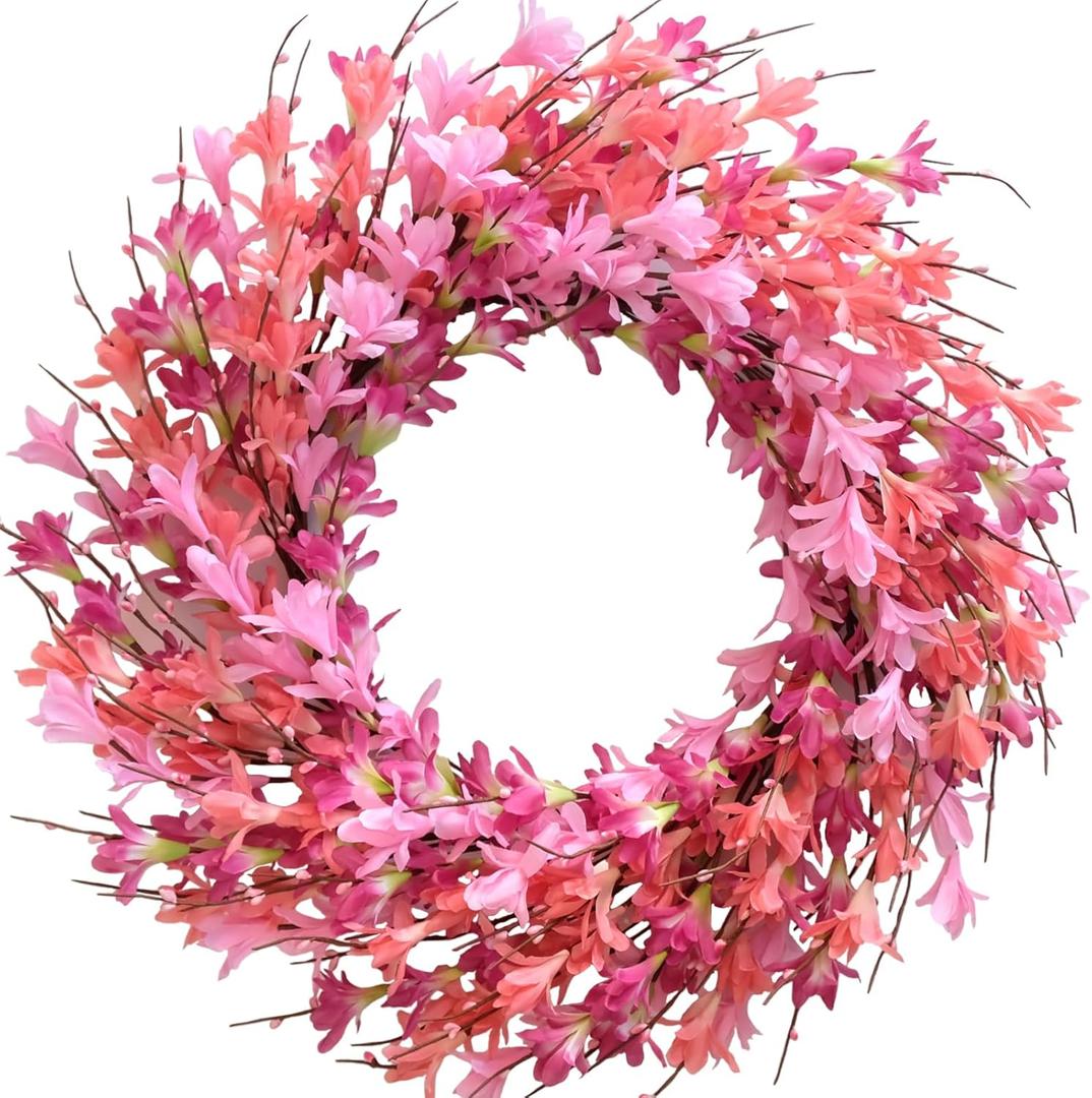 Bibelot 20inch Artificial Forsythia Flower Wreath Spring Summer Fall Wreath Silk Leaves Wreath for Front Door Wreath Porch Farmhouse Patio Garden Home Decor (Pink)