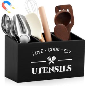 Colingmill Wood Magnetic Utensil Holder Large Kitchen Silverware Holder with 3 Compartments for Fridge Counter Wooden Kitchen Countertop Organizer for Cooking Tools and Cutlery, Farmhouse Style (Black)