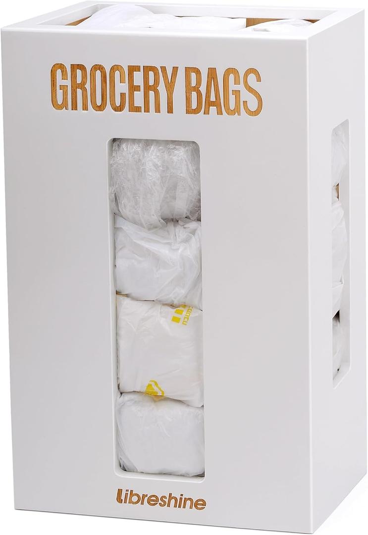Libreshine Extra Large White Bamboo Grocery Bag Holder for Plastic Bags, Under Sink Cabinet or Wall Mounted Organizer, Space-Saving Bag Dispenser for Kitchen, Pantry, Laundry Room, Garage