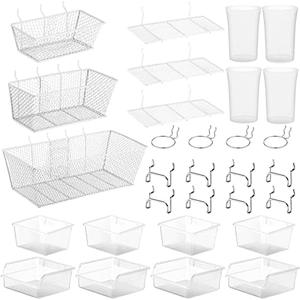 Sieral 30 Pcs Pegboard Organizer Accessories Kit Includes Peg Board Shelving Storage Basket Organizer Bins Hooks Loops Cup with Cup Holder for Garage Room Wall Attachments Tools(White, Clear, Silver)
