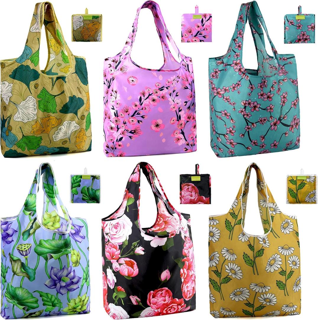 BeeGreen Floral Foldable Grocery Reusable Bags Large Shopping Tote for Groceries Cute Cloth Bags With Handles Gift Bag Groceries Tote -bag Bulk Polyester Heavy Duty Holiday