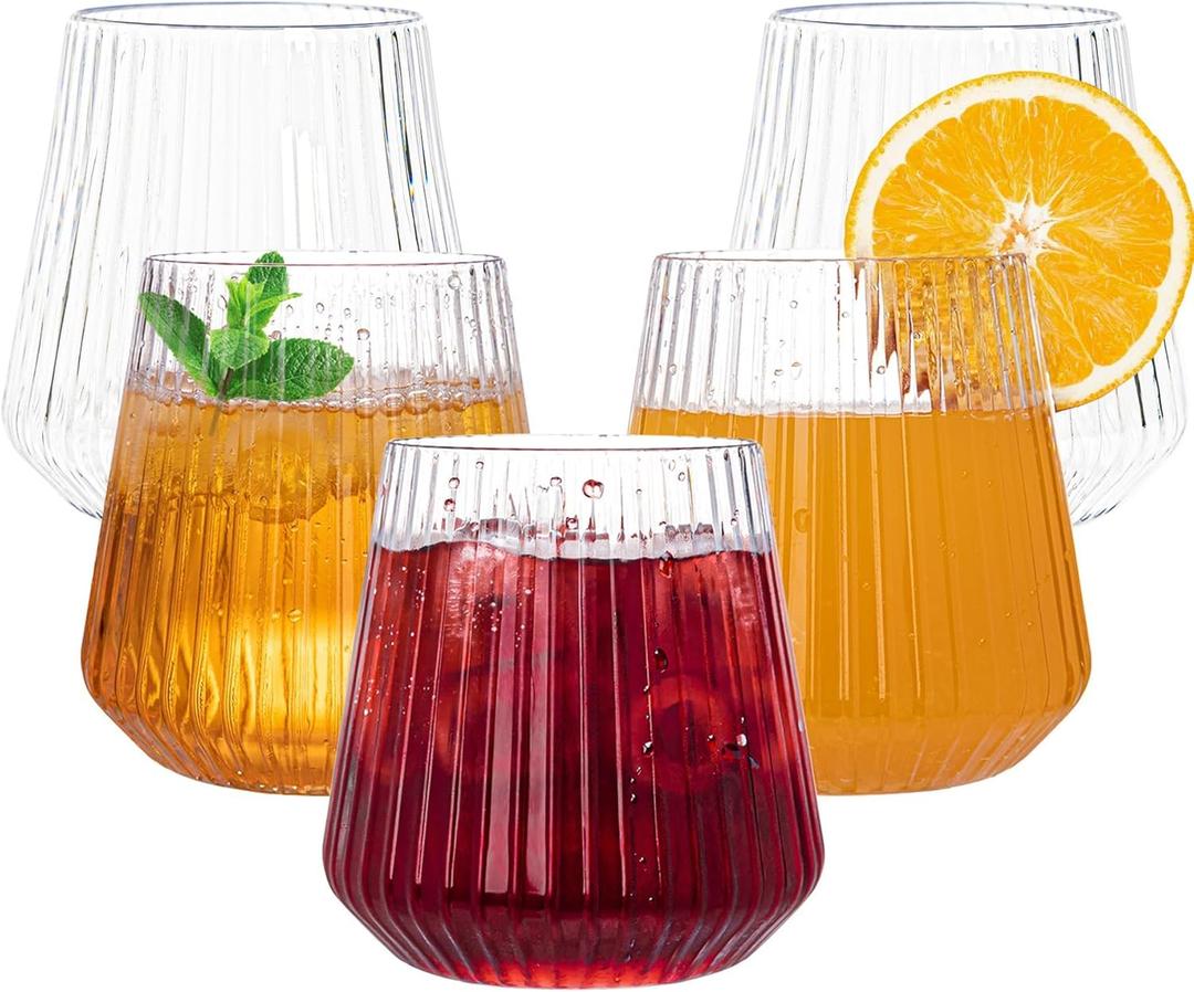 N9R 24 Count Plastic Wine Glasses Disposable 14oz - Elegant Origami Ripple Design, Shatterproof & Disposable for Whiskey, Cocktail, Champagne, Parties, Weddings, Events (Clear)