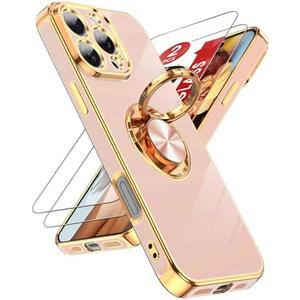 LeYi for iPhone 16 Pro Phone Case: 2 Pack Tempered Glass Screen Protector and 360° Rotatable Ring Holder Magnetic Kickstand, Plating Rose Gold Edge Protective for iPhone 16 Pro Case, Pink, Pack 3