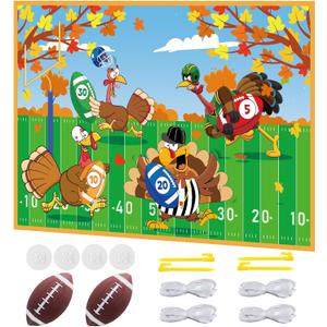 Thanksgiving Bean Bag Toss Game Fall Festival Turkey Hanging Toss Game Banner with 2 Soft Footballs Thanksgiving Games for Family Adults Activities Indoor Outdoor Sports Fun Decoration