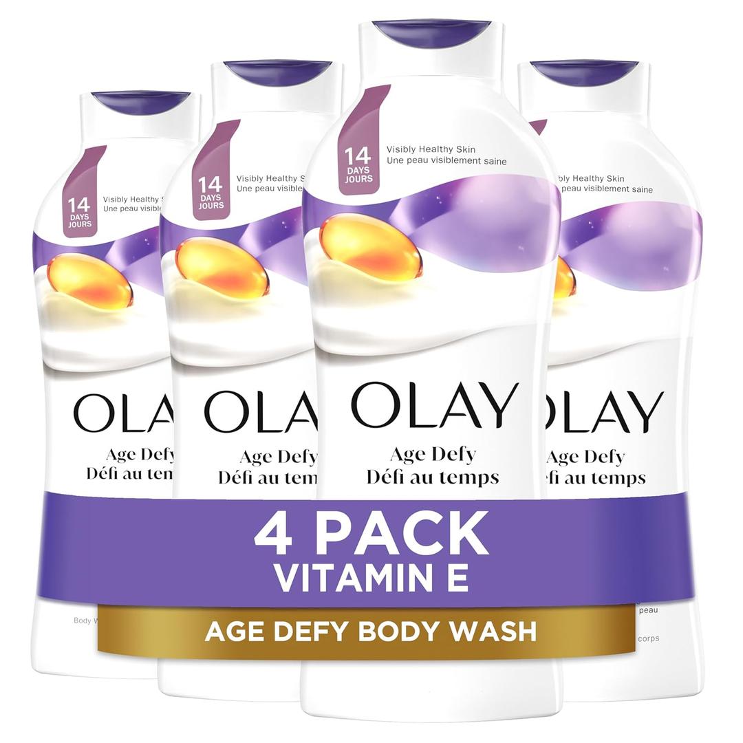 Olay Body Wash for Women, Age Defying with Vitamin E, 24hr Moisturizing, Hydrating & Refreshing, B3 Vitamin Complex, Free of Parabens & Phthalates, for All Skin Types, Scented, 22 fl oz (Pack of 4)