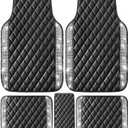 NBTEPEM Bling Leather Car Floor Mats Full Set, Sparkly Diamond Car Mats Universal Fit Most Automotive, Glitter Rhinestone Carpet Waterproof Anti-Slip, 5 pcs Set (Black Leather Silver Diamond)