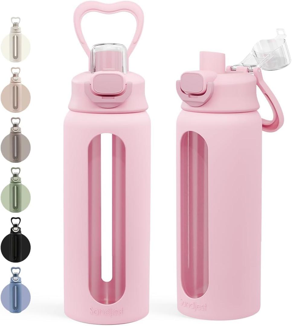 SANDJEST Glass Water Bottle with Silicone Sleeve 24oz with Lid, Motivational Time Marker, Drinking Hydration Glass Bottles for Men Women, Gym Travel Sports (Pink)