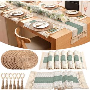 Set of 6 Table Runner and Placemats Boho Napkin Rings, Farmhouse Macrame Table Runner Rustic Round Woven Decorative Place Mats for Bohemian Kitchen Dining Tables Decor (Green)