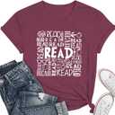 Reading Teacher Shirt Women-Cute Read More Books Short Sleeve Library Book Lovers Daisy Tee Tops (Red, L)