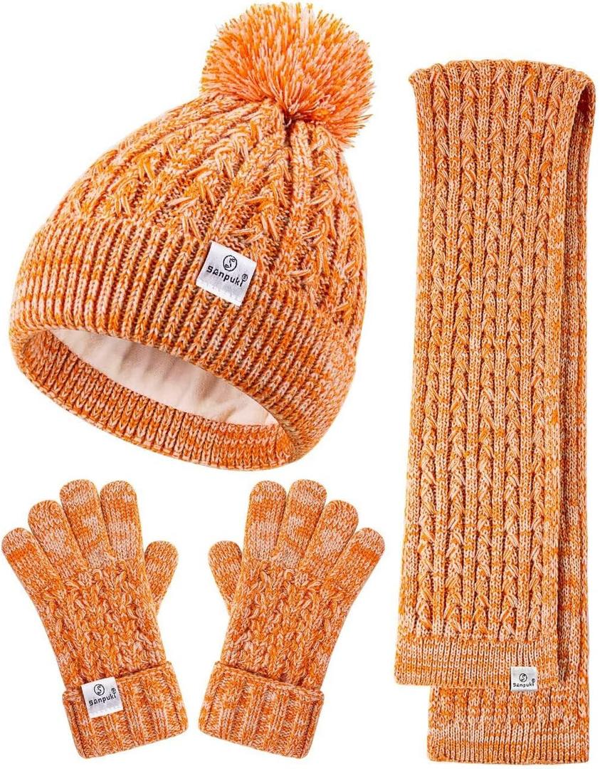Kids Winter Hat Gloves Scarf Set,Girls Toddler Winter Hat Beanie with Pom Neck Warmer Gaiter Mittens Fleece Lined Set (9-15 Years, Orange Mix)