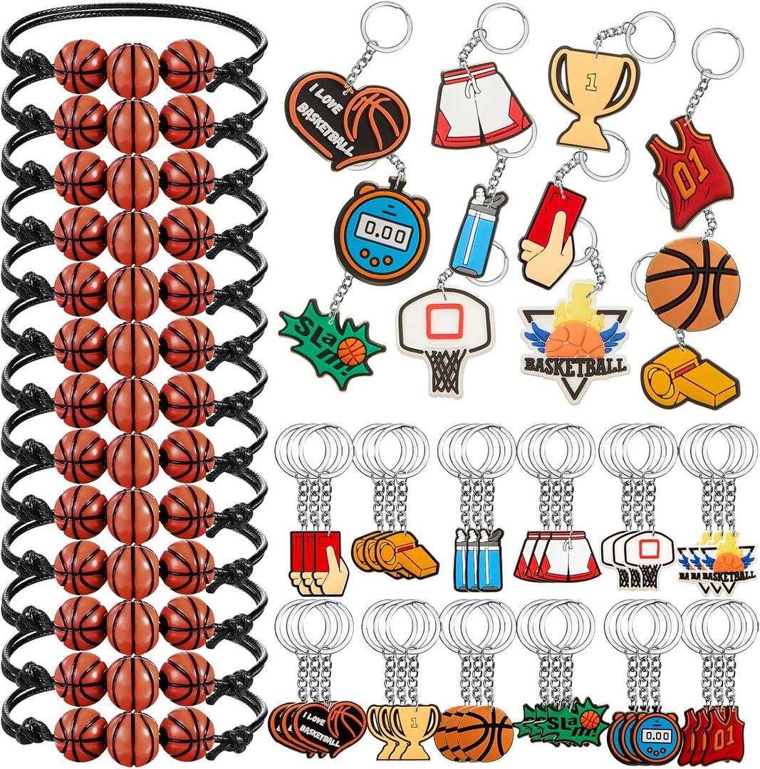 Henoyso 72 Pieces Basketball Birthday Party Favors Set Basketball Keychains Bulk with Adjustable Bracelets Sports Themed Charm Key Chains Bracelets Gifts for Sports Birthday Party Supplies