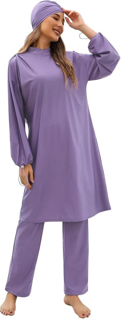 Women Muslim Swimwear Islamic Modest Swimsuit 3 Pieces Full Cover Hijab Long Sleeve Burkini Top Dress + Pants (Medium, Purple)