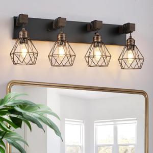 Gold Bathroom Vanity Light Fixtures, 4-Light Wood Bathroom Light Fixtures Over Mirror, Rustic Sconces Wall Lighting with Elegant Metal Lampshade for Living Room, Bedroom, Hallway