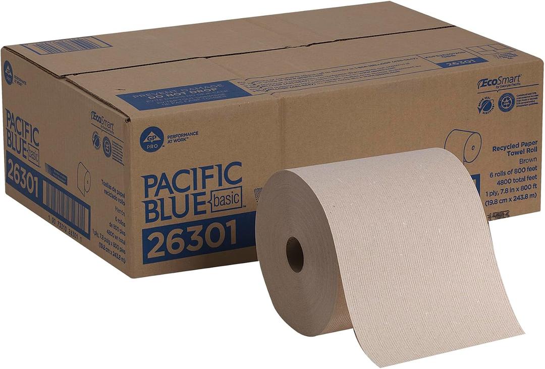 Georgia-Pacific Pacific Blue Basic Recycled Hardwound Paper Towel Rolls by GP PRO (Georgia-Pacific); Brown; 26301; 800 Feet Per Roll; 6 Rolls Per Case, 6 Count