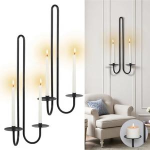 Wall Sconce Candle Holder Metal Hanging Wall Decorations for Home,Living Room, Bathroom, Dining Room, Set of 2（Black)