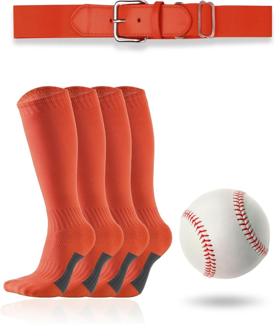 Toddler/Youth Softball Socks, Belt and Baseball Combo Set (2 Pairs of Socks, 1 Belt and 1 Baseball) for Boys Girls (Orange)