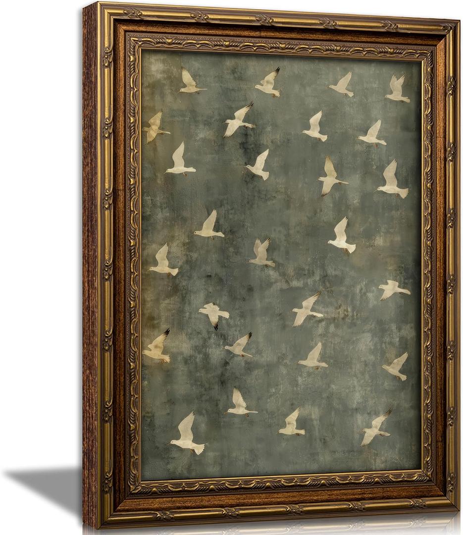 Vintage Gold Framed Flying Birds Wall Art, Retro Muted Green Seagull Canvas Print, Flock of Seagulls in Flight Picture Wall Decor, Antique Neutral Nature Poster Artwork for Living Room Bedroom, 24"L x 16"W