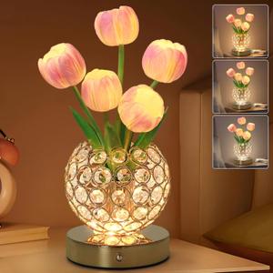Tulip Flower Lamps, 3 Colors Touch Stepless Dimming Crystal Night Light, Rechargeable Artificial Flower Light, LED Flower with Vase Lamp Romantic Decor for Date Party Home, (Tulip1 - Pink)