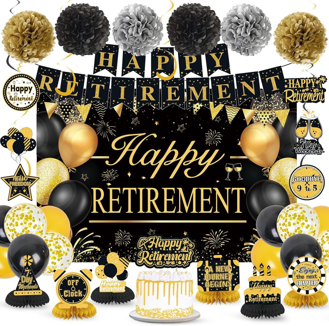 Retirement Party Decorations for Men Women Black Gold Happy Retirement Banner Backdrop Balloons Paper Pompoms Honeycomb Centerpiece Cake Topper Hanging Swirl Set