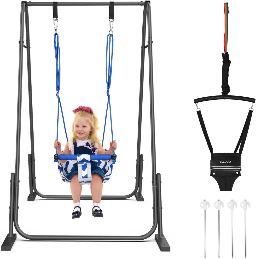 Slevoo 2 in 1 Baby Jumper and Swing, Toddler Swing Set with Foldable Stand, Ages 6 Months to 6 Years, for Indoor and Outdoor Fun, Black