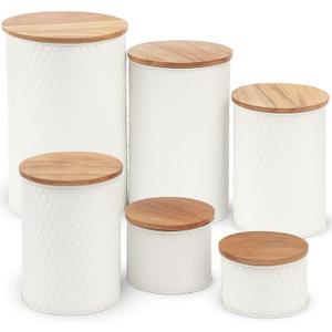 Alasitas 6 Canister Set for the Kitchen Countertop  Metal Food Storage Canisters with Airtight Lids for Flour, Tea, Crafts, Coffee, & Sugar  Container Set with Modern Wood Lids, White