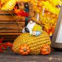 Autumn Gnome Statue Corn Car with Pumpkin Wheel Enchanting Fall Resin Figurine for Thanksgiving Party Home and Outdoor Decor
