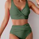 Fanuerg Women High Waisted Bikini Sets V Neck Cross Twist Front Two Piece Swimsuit Tummy Control Bathing Suit (Green, XXL)