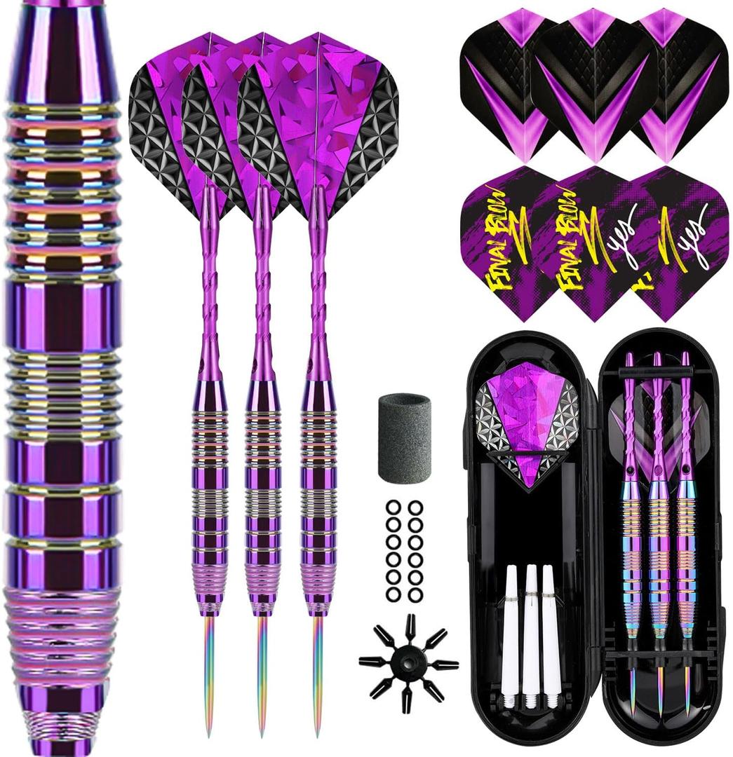 Darts Metal Tip Set 3 Aluminum Shaft Metal Dart Set Professional Darts Steel Tip Sets + Extra Dart Flights 3 Replace Plastic Shafts Beginner or Professional Darts 22g (Purple)