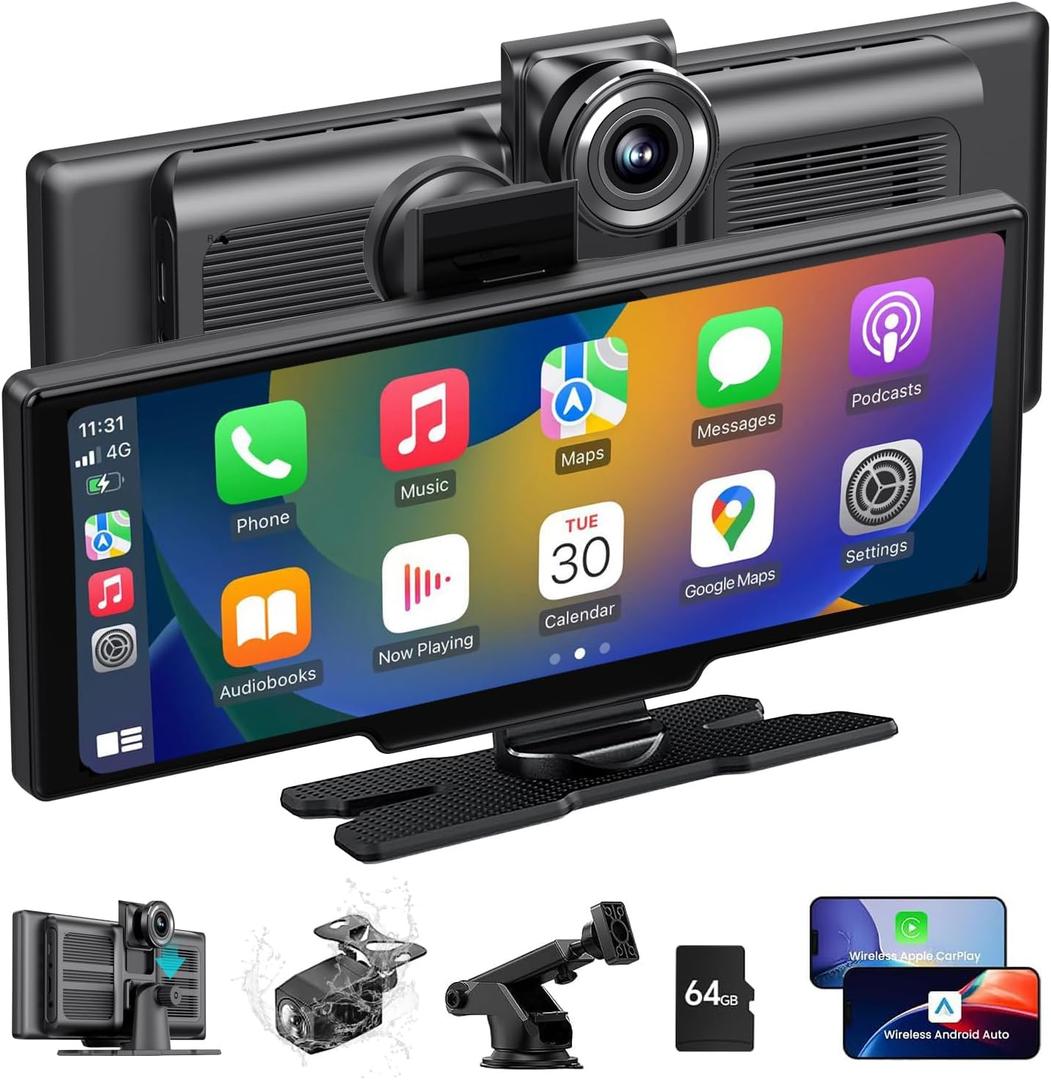 CHOVE Wireless Apple Carplay Screen for Car, 10.26" Apple Car Play & Android Auto Screen,Touchscreen with Backup Camera,Dash cam,Support GPS,Siri/Google,Bluetooth,AUX,Mirror Link,Fit Most Vehicles
