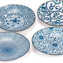 Foraineam Set of 4 Blue and White Porcelain Serving Plates Floral Dinner Shallow Plates Appetizer Salad Dessert Snack Plate Set