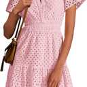 PRETTYGARDEN Women's 2024 Summer Mini Dress Short Sleeve V Neck A Line Hollow Out Lace Ruffle Cute Casual Beach Short Dresses (Pink, X-Large)