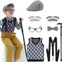 Kids 100 Days of School Costume for Boys - Halloween Old Man Costume Hat Glasses and Grandpa Vest Set for Child