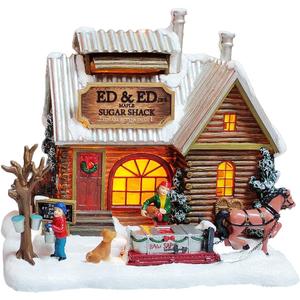 MOMENTS IN TIME Light Up Sugar Shack Christmas Village House Hand-Painted Polyresin Cabin Scene with Horse & Dog, Winter Holiday Dcor, Battery Operated Warm LED Lights