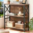 MNEETRUNG Small Bookshelf,3 Tier Industrial Bookcase with Metal Frame and Backboard,Low Rustic Brown Book Shelf,Book case for Small Spaces,Living Room,Bedroom and Home Office