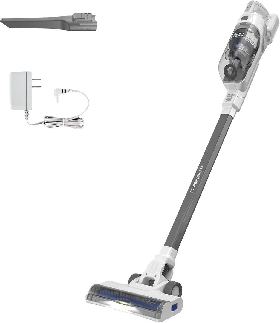 BLACK+DECKER Stick Vacuum Cordless Rechargeable Lightweight Upright Vacuum Cleaner with LED Floor Lights, Multi-Surface, White POWERSERIES+ 16V MAX (BHFEA420J)
