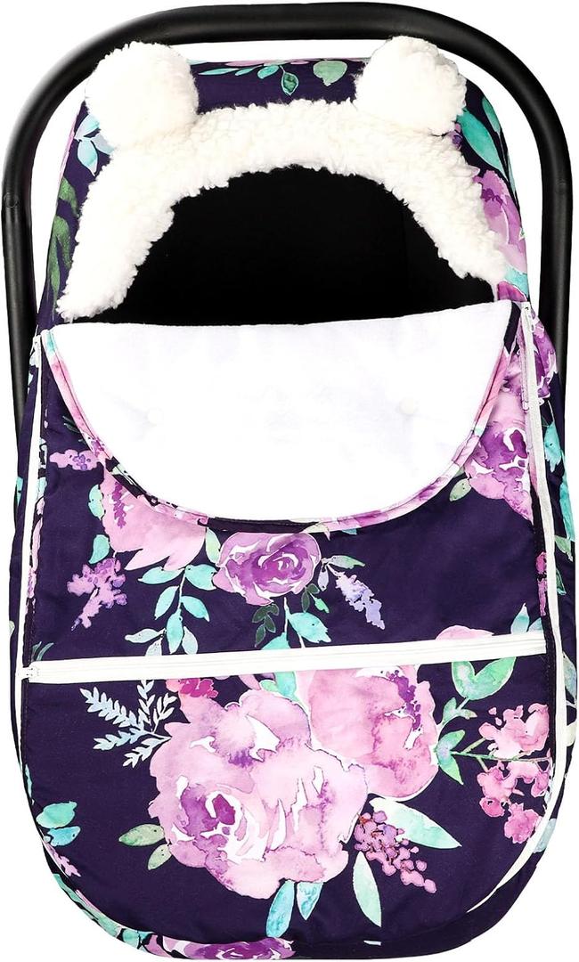 Winter Carseat Cover Girls, Purple Cozy & Warm Cover, Infant Car Seat Canopy, Ultra-Soft Breathable Protect Baby from Cold Wind, Zipped Removable Design