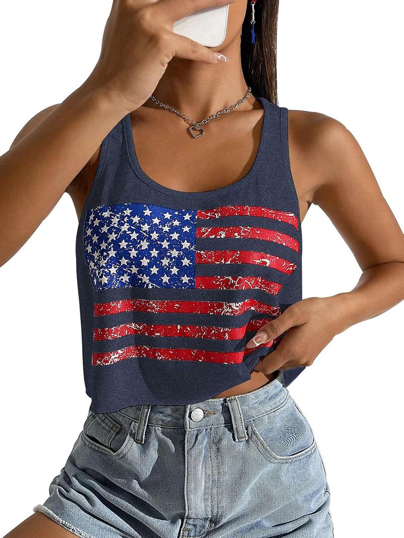 Women's 4th of July Outfits USA Shirt Patriotic Tank American Flag Crop Top (Blue, L)